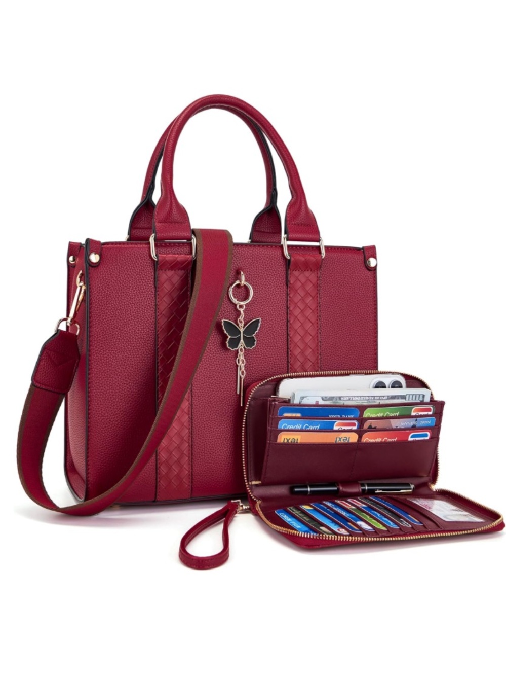 Structured Cherry Red Women’s Satchel Handbag with Matching Wallet